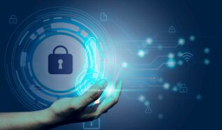 hand holding a illustration of a key with web security symbols in the background