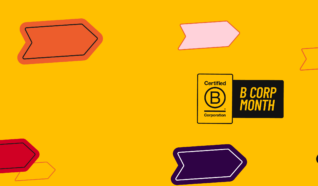 illustration of arrows of various colours all pointing in one direction alongside the B Corp logo with a sign saying B corp month