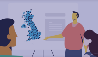 illustration showing a person presenting something on a whiteboard with group of people sat watching